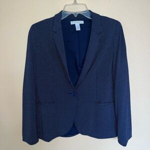 Navy Blue Polka Dot Jersey Blazer Chico's sz 1 M Stretch Comfy Lined Office Work